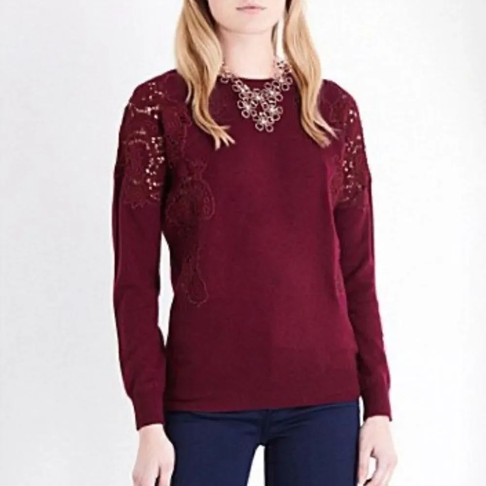 Ted Baker 3 M Tae Burgundy Scoop Neck Merino Wool Shoulder Lace Knit Sweater